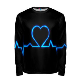 Мужской лонгслив 3D с принтом Ритм сердца в Санкт-Петербурге, 100% полиэстер | длинные рукава, круглый вырез горловины, полуприлегающий силуэт | ритм | сердце | синяя | черная | электро