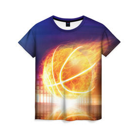 Женская футболка 3D с принтом Огненный мяч в Санкт-Петербурге, 100% полиэфир ( синтетическое хлопкоподобное полотно) | прямой крой, круглый вырез горловины, длина до линии бедер | streetball | баскетбол | взрыв | искры | любимая игра | моя жизнь | мяч | огонь | пламя | развлечение | страсть | тренировка | увлечение | хобби