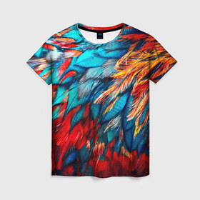 Женская футболка 3D с принтом Перья в Санкт-Петербурге, 100% полиэфир ( синтетическое хлопкоподобное полотно) | прямой крой, круглый вырез горловины, длина до линии бедер | красный | текстура | цветной | яркий