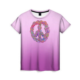 Женская футболка 3D с принтом Хиппи 1 в Санкт-Петербурге, 100% полиэфир ( синтетическое хлопкоподобное полотно) | прямой крой, круглый вырез горловины, длина до линии бедер | hippie | peace | пацифик | хиппи