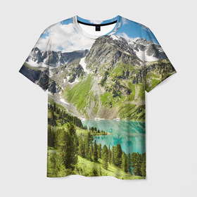 Мужская футболка 3D с принтом Озеро в горах в Санкт-Петербурге, 100% полиэфир | прямой крой, круглый вырез горловины, длина до линии бедер | пейзаж | яркий