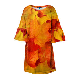 Детское платье 3D с принтом Кленовые листья в Санкт-Петербурге, 100% полиэстер | прямой силуэт, чуть расширенный к низу. Круглая горловина, на рукавах — воланы | дары осени | жёлтый | золотой | клён | краски | красный | красота | листва | листья | наряд | оранжевый | осень | покров | природа