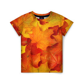 Детская футболка 3D с принтом Кленовые листья в Санкт-Петербурге, 100% гипоаллергенный полиэфир | прямой крой, круглый вырез горловины, длина до линии бедер, чуть спущенное плечо, ткань немного тянется | дары осени | жёлтый | золотой | клён | краски | красный | красота | листва | листья | наряд | оранжевый | осень | покров | природа
