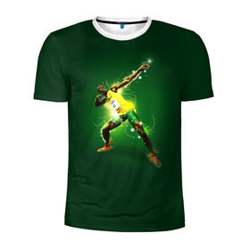 Мужская футболка 3D спортивная с принтом Usain Bolt в Санкт-Петербурге, 100% полиэстер с улучшенными характеристиками | приталенный силуэт, круглая горловина, широкие плечи, сужается к линии бедра | Тематика изображения на принте: атлетика | без | болт | легкая | спорт | усейн