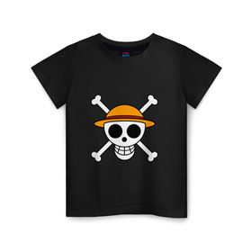 Детская футболка хлопок с принтом Весёлый Роджер Мугивар в Санкт-Петербурге, 100% хлопок | круглый вырез горловины, полуприлегающий силуэт, длина до линии бедер | аниме | большой куш | ван пис | кости | луффи | мугивара | пираты | соломенная | череп | шляпа