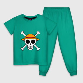 Детская пижама хлопок с принтом Весёлый Роджер Мугивар в Санкт-Петербурге, 100% хлопок |  брюки и футболка прямого кроя, без карманов, на брюках мягкая резинка на поясе и по низу штанин
 | Тематика изображения на принте: аниме | большой куш | ван пис | кости | луффи | мугивара | пираты | соломенная | череп | шляпа