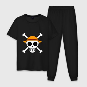 Мужская пижама хлопок с принтом Весёлый Роджер Мугивар в Санкт-Петербурге, 100% хлопок | брюки и футболка прямого кроя, без карманов, на брюках мягкая резинка на поясе и по низу штанин
 | аниме | большой куш | ван пис | кости | луффи | мугивара | пираты | соломенная | череп | шляпа