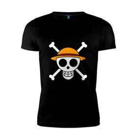 Мужская футболка премиум с принтом Весёлый Роджер Мугивар в Санкт-Петербурге, 92% хлопок, 8% лайкра | приталенный силуэт, круглый вырез ворота, длина до линии бедра, короткий рукав | аниме | большой куш | ван пис | кости | луффи | мугивара | пираты | соломенная | череп | шляпа