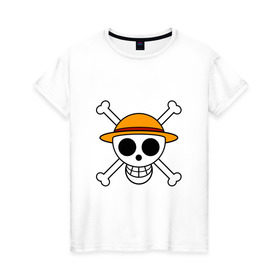 Женская футболка хлопок с принтом Весёлый Роджер Мугивар в Санкт-Петербурге, 100% хлопок | прямой крой, круглый вырез горловины, длина до линии бедер, слегка спущенное плечо | аниме | большой куш | ван пис | кости | луффи | мугивара | пираты | соломенная | череп | шляпа