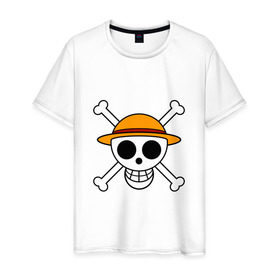 Мужская футболка хлопок с принтом Весёлый Роджер Мугивар в Санкт-Петербурге, 100% хлопок | прямой крой, круглый вырез горловины, длина до линии бедер, слегка спущенное плечо. | аниме | большой куш | ван пис | кости | луффи | мугивара | пираты | соломенная | череп | шляпа