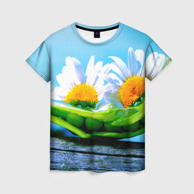 Женская футболка 3D с принтом Ромашки в Санкт-Петербурге, 100% полиэфир ( синтетическое хлопкоподобное полотно) | прямой крой, круглый вырез горловины, длина до линии бедер | красота | поле | природа | ромашка | цветы