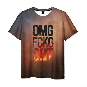 Мужская футболка 3D с принтом OMG FCKG SHT в Санкт-Петербурге, 100% полиэфир | прямой крой, круглый вырез горловины, длина до линии бедер | fire | omg | буквы | мат | огонь