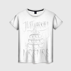 Женская футболка 3D с принтом MR&MRS в Санкт-Петербурге, 100% полиэфир ( синтетическое хлопкоподобное полотно) | прямой крой, круглый вырез горловины, длина до линии бедер | бабочка | жених | молодожены | невеста | свадьба | торт