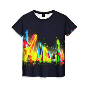 Женская футболка 3D с принтом Взрыв красок в Санкт-Петербурге, 100% полиэфир ( синтетическое хлопкоподобное полотно) | прямой крой, круглый вырез горловины, длина до линии бедер | абстракция | абстракция красок | брызги | краска | цветные