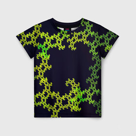 Детская футболка 3D с принтом Пиксели в Санкт-Петербурге, 100% гипоаллергенный полиэфир | прямой крой, круглый вырез горловины, длина до линии бедер, чуть спущенное плечо, ткань немного тянется | Тематика изображения на принте: зеленый | кружево | узор | цветной | черный