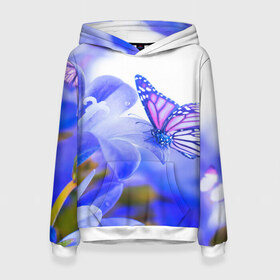 Женская толстовка 3D с принтом Бабочки в Санкт-Петербурге, 100% полиэстер  | двухслойный капюшон со шнурком для регулировки, мягкие манжеты на рукавах и по низу толстовки, спереди карман-кенгуру с мягким внутренним слоем. | бабочки | красота | природа | синяя | цветы