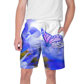 Мужские шорты 3D с принтом Бабочки в Санкт-Петербурге,  полиэстер 100% | прямой крой, два кармана без застежек по бокам. Мягкая трикотажная резинка на поясе, внутри которой широкие завязки. Длина чуть выше колен | бабочки | красота | природа | синяя | цветы