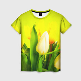 Женская футболка 3D с принтом Тюльпаны в Санкт-Петербурге, 100% полиэфир ( синтетическое хлопкоподобное полотно) | прямой крой, круглый вырез горловины, длина до линии бедер | букет | поле | природа | тюльпаны | цветы