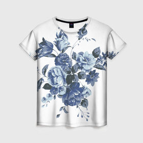 Женская футболка 3D с принтом Синие цветы в Санкт-Петербурге, 100% полиэфир ( синтетическое хлопкоподобное полотно) | прямой крой, круглый вырез горловины, длина до линии бедер | розы | синие розы | узор | цветы