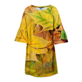 Детское платье 3D с принтом Осенние листья в Санкт-Петербурге, 100% полиэстер | прямой силуэт, чуть расширенный к низу. Круглая горловина, на рукавах — воланы | Тематика изображения на принте: жёлтый | зелёный | клён | листва