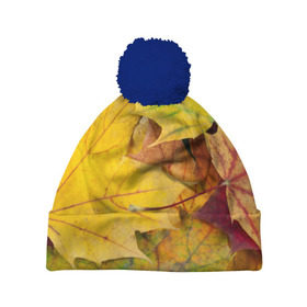 Шапка 3D c помпоном с принтом Осенние листья в Санкт-Петербурге, 100% полиэстер | универсальный размер, печать по всей поверхности изделия | жёлтый | зелёный | клён | листва