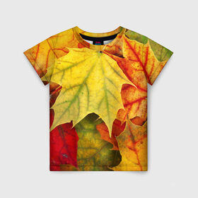 Детская футболка 3D с принтом Кленовые листья в Санкт-Петербурге, 100% гипоаллергенный полиэфир | прямой крой, круглый вырез горловины, длина до линии бедер, чуть спущенное плечо, ткань немного тянется | жёлтый | зелёный | красный | листва | оранжевый | осень
