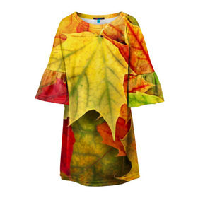Детское платье 3D с принтом Кленовые листья в Санкт-Петербурге, 100% полиэстер | прямой силуэт, чуть расширенный к низу. Круглая горловина, на рукавах — воланы | жёлтый | зелёный | красный | листва | оранжевый | осень