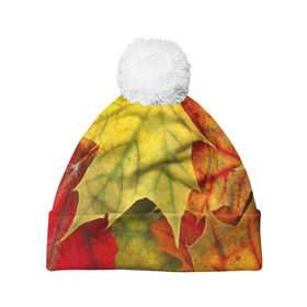 Шапка 3D c помпоном с принтом Кленовые листья в Санкт-Петербурге, 100% полиэстер | универсальный размер, печать по всей поверхности изделия | жёлтый | зелёный | красный | листва | оранжевый | осень