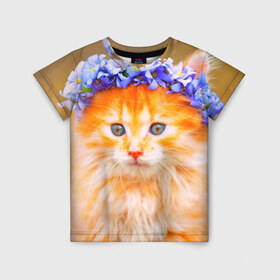 Детская футболка 3D с принтом Котенок в Санкт-Петербурге, 100% гипоаллергенный полиэфир | прямой крой, круглый вырез горловины, длина до линии бедер, чуть спущенное плечо, ткань немного тянется | кошка | красота | мордочка | природа | рыжая