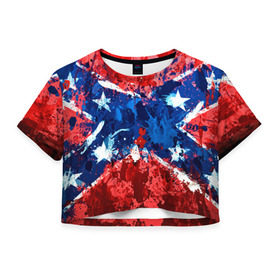 Женская футболка 3D укороченная с принтом Флаг в Санкт-Петербурге, 100% полиэстер | круглая горловина, длина футболки до линии талии, рукава с отворотами | звезды | конфедерация | краска | красный | флаг