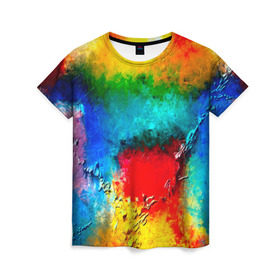 Женская футболка 3D с принтом Абстракция красок в Санкт-Петербурге, 100% полиэфир ( синтетическое хлопкоподобное полотно) | прямой крой, круглый вырез горловины, длина до линии бедер | абстракция | абстракция красок | брызги | краска | цветные