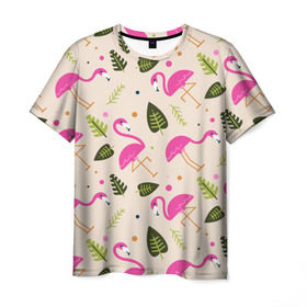Мужская футболка 3D с принтом Фламинго в Санкт-Петербурге, 100% полиэфир | прямой крой, круглый вырез горловины, длина до линии бедер | абстракция | арт | листья | фламинго | хипстеры