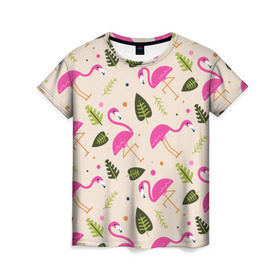 Женская футболка 3D с принтом Фламинго в Санкт-Петербурге, 100% полиэфир ( синтетическое хлопкоподобное полотно) | прямой крой, круглый вырез горловины, длина до линии бедер | абстракция | арт | листья | фламинго | хипстеры