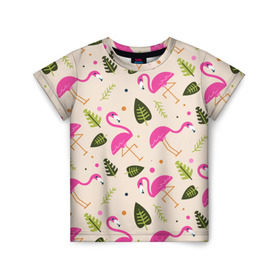 Детская футболка 3D с принтом Фламинго в Санкт-Петербурге, 100% гипоаллергенный полиэфир | прямой крой, круглый вырез горловины, длина до линии бедер, чуть спущенное плечо, ткань немного тянется | абстракция | арт | листья | фламинго | хипстеры
