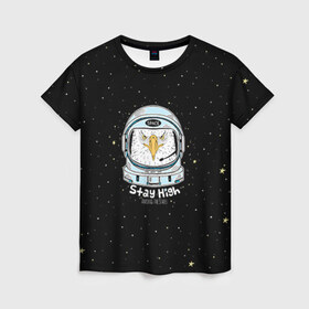 Женская футболка 3D с принтом Космонавт 7 в Санкт-Петербурге, 100% полиэфир ( синтетическое хлопкоподобное полотно) | прямой крой, круглый вырез горловины, длина до линии бедер | astro | moon | space monkey | star | stars | астронавт | животные | звезды | земля | космонавт | космос | луна | скафандр