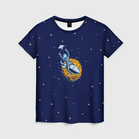 Женская футболка 3D с принтом Космонавт 10 в Санкт-Петербурге, 100% полиэфир ( синтетическое хлопкоподобное полотно) | прямой крой, круглый вырез горловины, длина до линии бедер | astro | moon | space monkey | star | stars | астронавт | звезды | земля | космонавт | космос | луна | скафандр