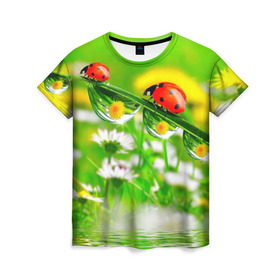 Женская футболка 3D с принтом Макро в Санкт-Петербурге, 100% полиэфир ( синтетическое хлопкоподобное полотно) | прямой крой, круглый вырез горловины, длина до линии бедер | божья коровка | насекомые | одуванчик | природа | цветы