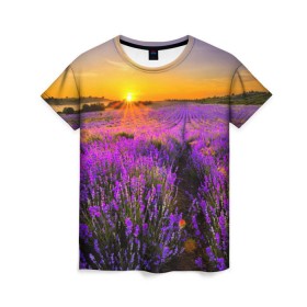Женская футболка 3D с принтом Лавандовое поле в Санкт-Петербурге, 100% полиэфир ( синтетическое хлопкоподобное полотно) | прямой крой, круглый вырез горловины, длина до линии бедер | закат | лиловый | пейзаж | яркий