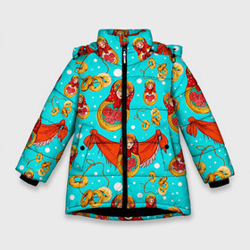 Зимняя куртка для девочек 3D с принтом Матрёшки в платках в Санкт-Петербурге, ткань верха — 100% полиэстер; подклад — 100% полиэстер, утеплитель — 100% полиэстер. | длина ниже бедра, удлиненная спинка, воротник стойка и отстегивающийся капюшон. Есть боковые карманы с листочкой на кнопках, утяжки по низу изделия и внутренний карман на молнии. 

Предусмотрены светоотражающий принт на спинке, радужный светоотражающий элемент на пуллере молнии и на резинке для утяжки. | flower | flowers | russia | павлопасадские платки | платки | раша | рисунок | роспись | россия | цветок | цветы