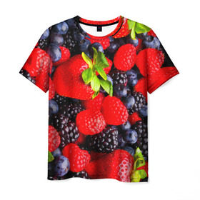 Мужская футболка 3D с принтом Ягоды в Санкт-Петербурге, 100% полиэфир | прямой крой, круглый вырез горловины, длина до линии бедер | Тематика изображения на принте: ежевика | клубника | малина | черника | ягода | ягодка