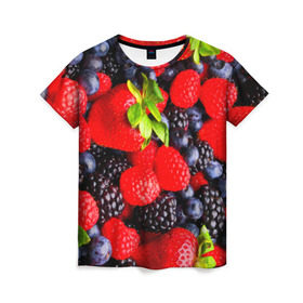 Женская футболка 3D с принтом Ягоды в Санкт-Петербурге, 100% полиэфир ( синтетическое хлопкоподобное полотно) | прямой крой, круглый вырез горловины, длина до линии бедер | ежевика | клубника | малина | черника | ягода | ягодка