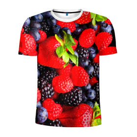 Мужская футболка 3D спортивная с принтом Ягоды в Санкт-Петербурге, 100% полиэстер с улучшенными характеристиками | приталенный силуэт, круглая горловина, широкие плечи, сужается к линии бедра | ежевика | клубника | малина | черника | ягода | ягодка