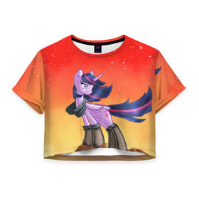 Женская футболка 3D укороченная с принтом Red Sky в Санкт-Петербурге, 100% полиэстер | круглая горловина, длина футболки до линии талии, рукава с отворотами | my little pony | луна | пинки пай | пони | рарити | рейнбоу дэш | селестия | сумеречная искорка | флаттершай | эплджек