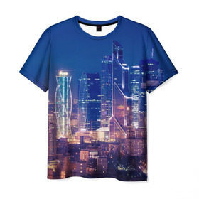 Мужская футболка 3D с принтом Ночная Москва в Санкт-Петербурге, 100% полиэфир | прямой крой, круглый вырез горловины, длина до линии бедер | город | москва сити | пейзаж