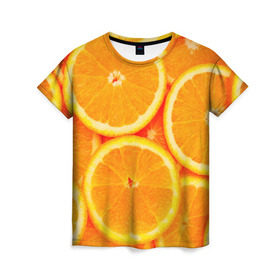 Женская футболка 3D с принтом Апельсины в Санкт-Петербурге, 100% полиэфир ( синтетическое хлопкоподобное полотно) | прямой крой, круглый вырез горловины, длина до линии бедер | апельсин | долька | цитрус