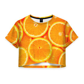 Женская футболка 3D укороченная с принтом Апельсины в Санкт-Петербурге, 100% полиэстер | круглая горловина, длина футболки до линии талии, рукава с отворотами | апельсин | долька | цитрус