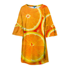 Детское платье 3D с принтом Апельсины в Санкт-Петербурге, 100% полиэстер | прямой силуэт, чуть расширенный к низу. Круглая горловина, на рукавах — воланы | Тематика изображения на принте: апельсин | долька | цитрус