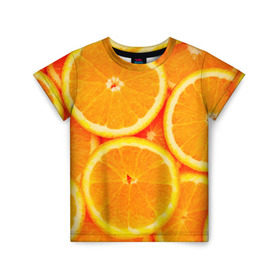 Детская футболка 3D с принтом Апельсины в Санкт-Петербурге, 100% гипоаллергенный полиэфир | прямой крой, круглый вырез горловины, длина до линии бедер, чуть спущенное плечо, ткань немного тянется | апельсин | долька | цитрус