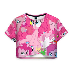 Женская футболка 3D укороченная с принтом Pinky Pie в Санкт-Петербурге, 100% полиэстер | круглая горловина, длина футболки до линии талии, рукава с отворотами | my little pony | луна | пинки пай | пони | рарити | рейнбоу дэш | селестия | сумеречная искорка | флаттершай | эплджек