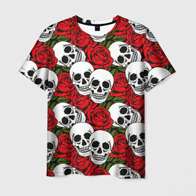 Мужская футболка 3D с принтом Черепа в розах в Санкт-Петербурге, 100% полиэфир | прямой крой, круглый вырез горловины, длина до линии бедер | Тематика изображения на принте: music | rock | skull | музыка | рок | череп | черепа
